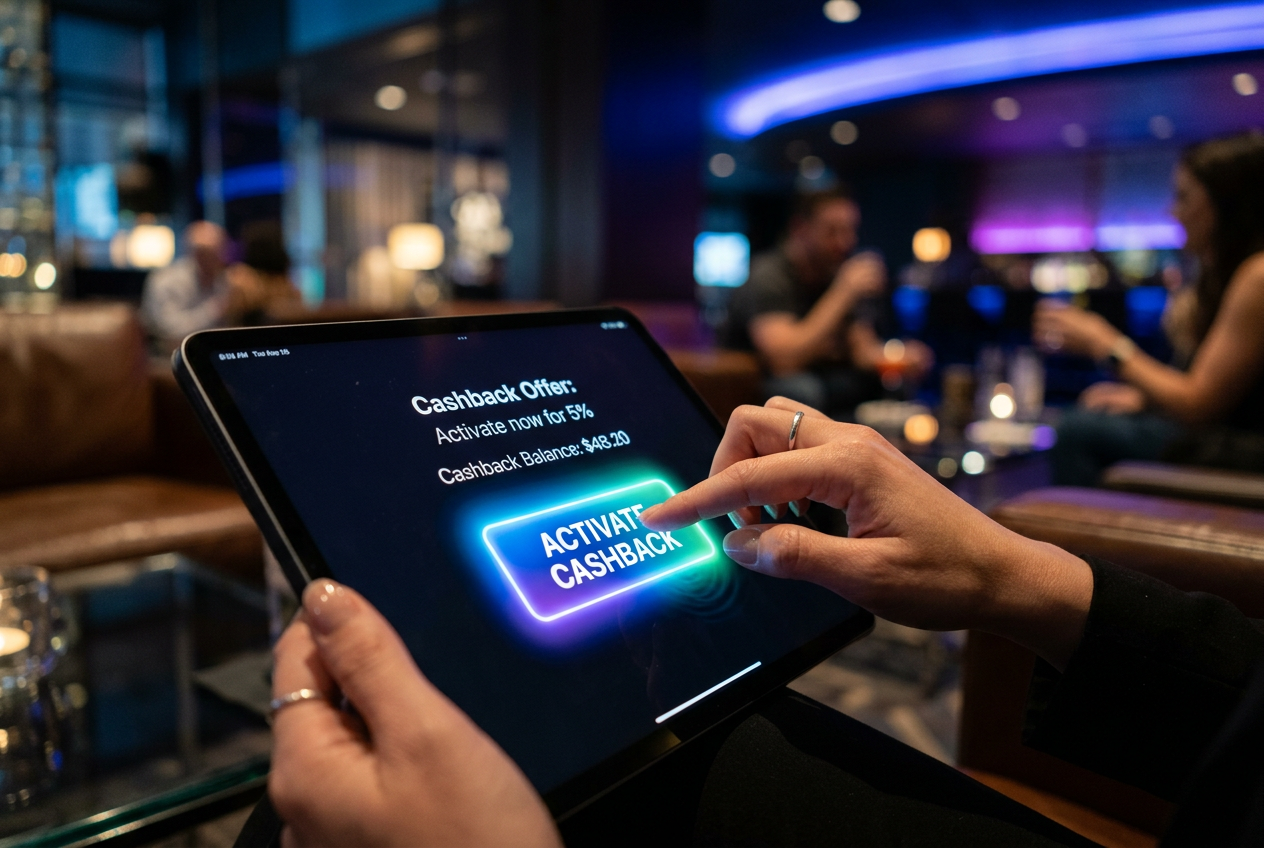 Hands using a tablet to activate a casino cashback feature.