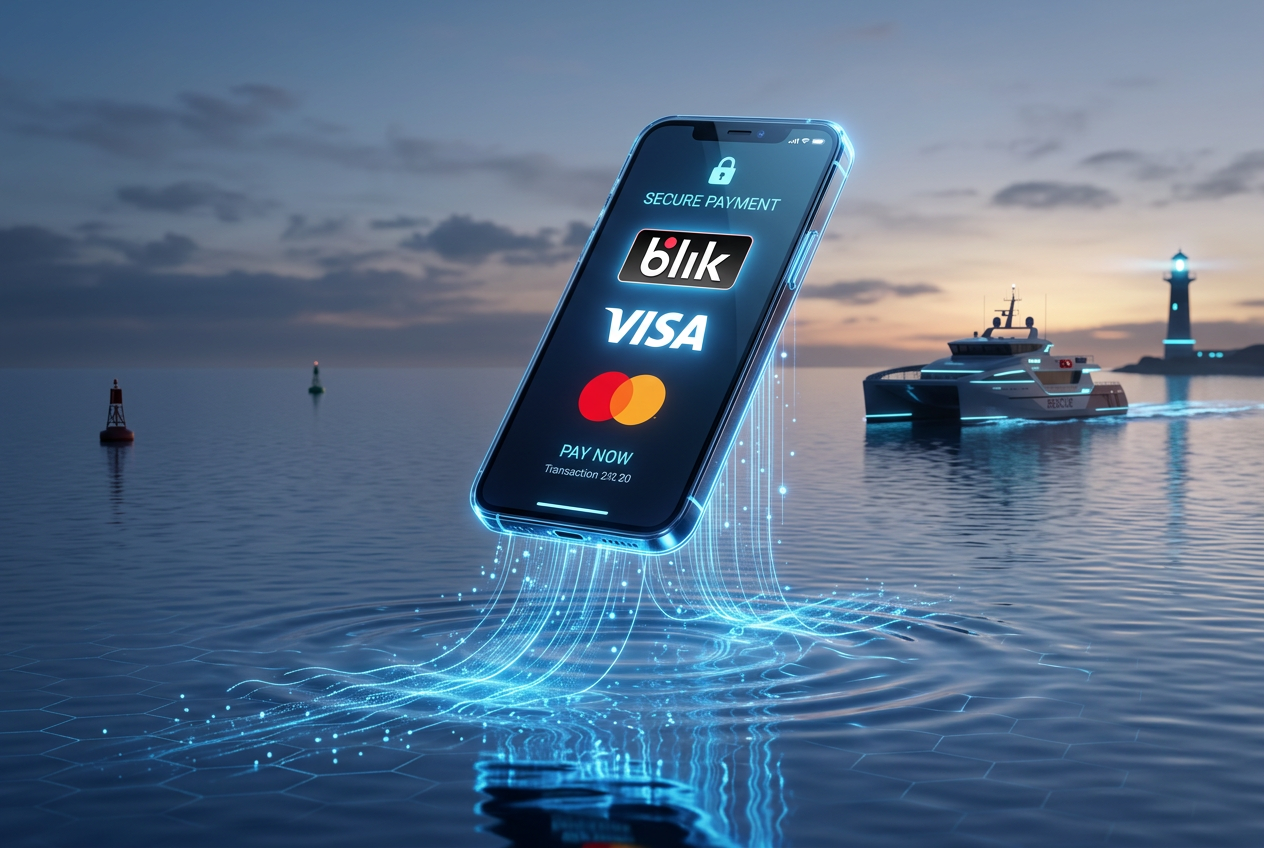 Bezpieczny smartfon wyświetlający ikony płatności nad cyfrowym oceanem.