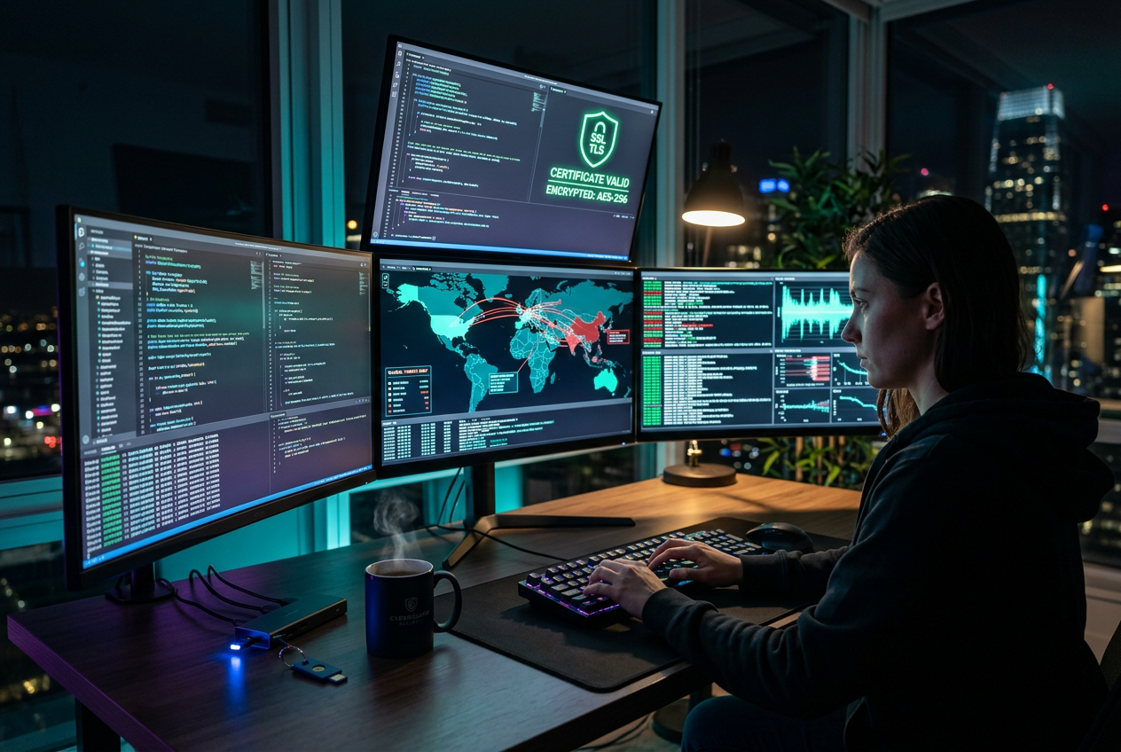 A modern cybersecurity workstation with encrypted data displays