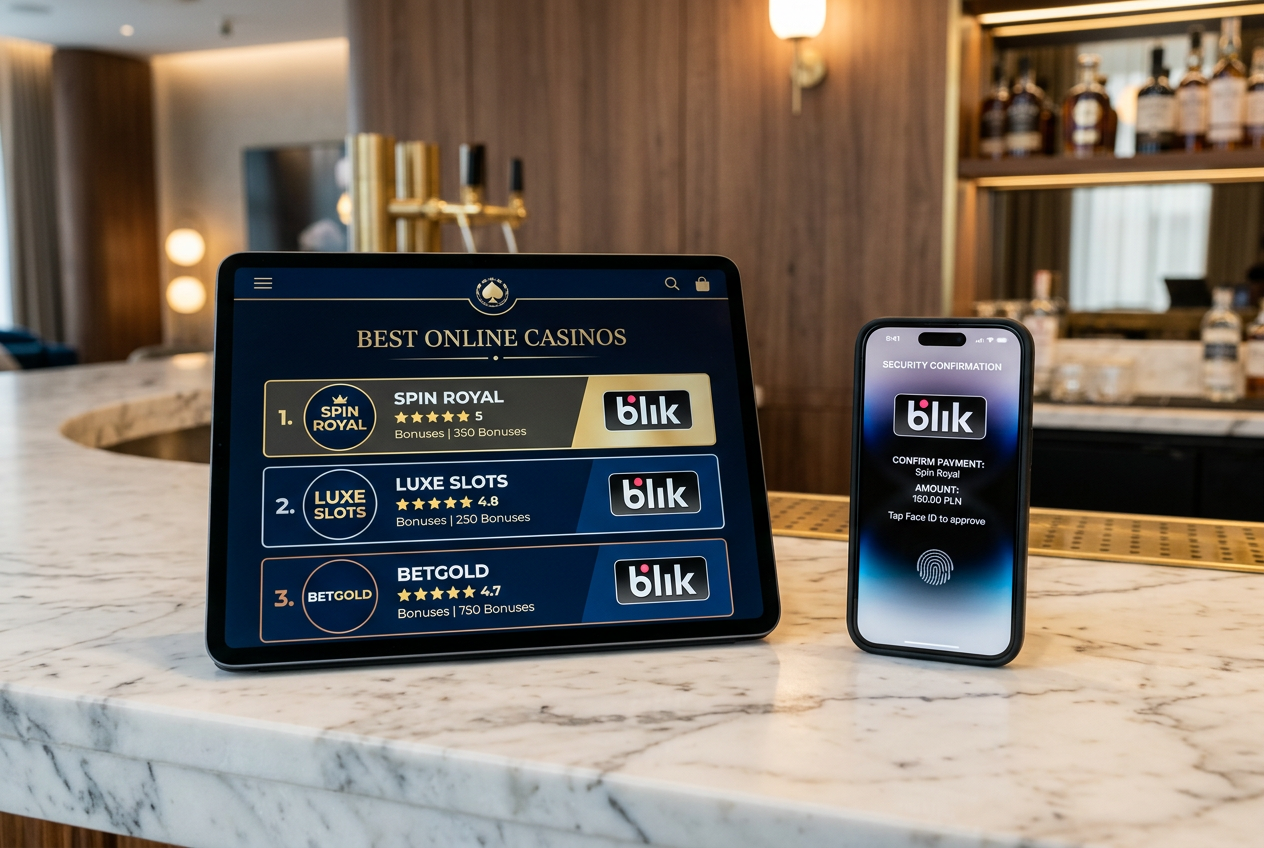A modern tablet displaying a top-rated casino list with BLIK logos.