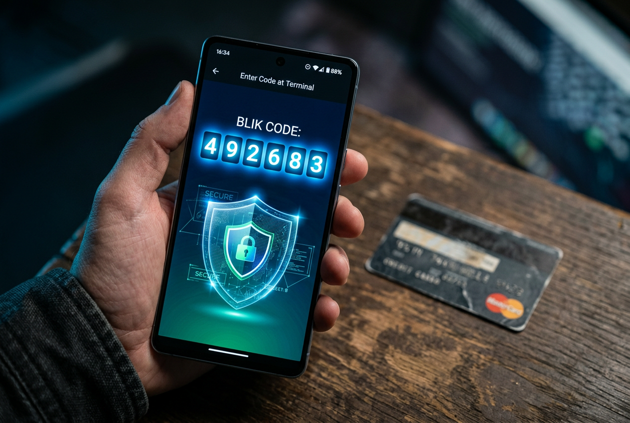 Comparison between a traditional card and a secure mobile BLIK payment.